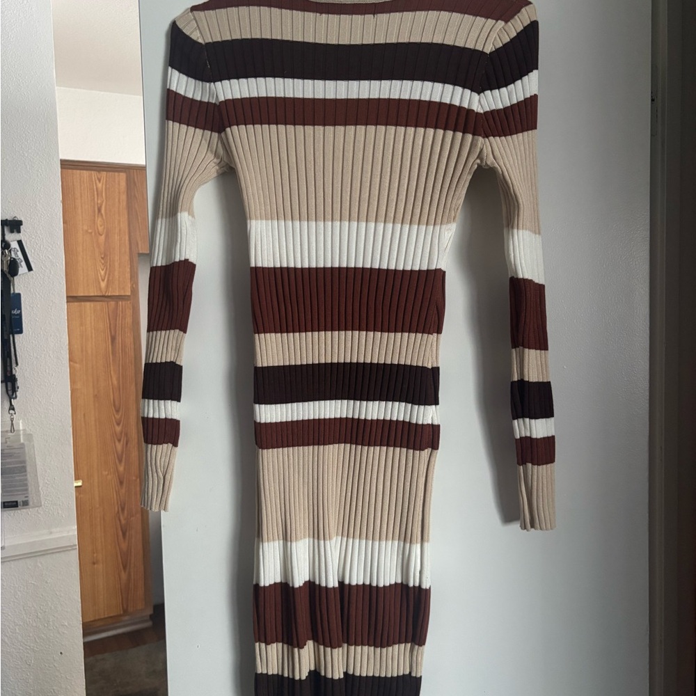 Striped Ribbed Knit Dress - Brown, White, and Cream